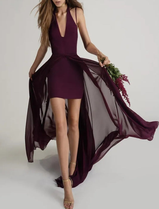 Wholesale Sheath / Column Bridesmaid Dress Halter Sleeveless Purple Short / Mini Chiffon with Solid Color