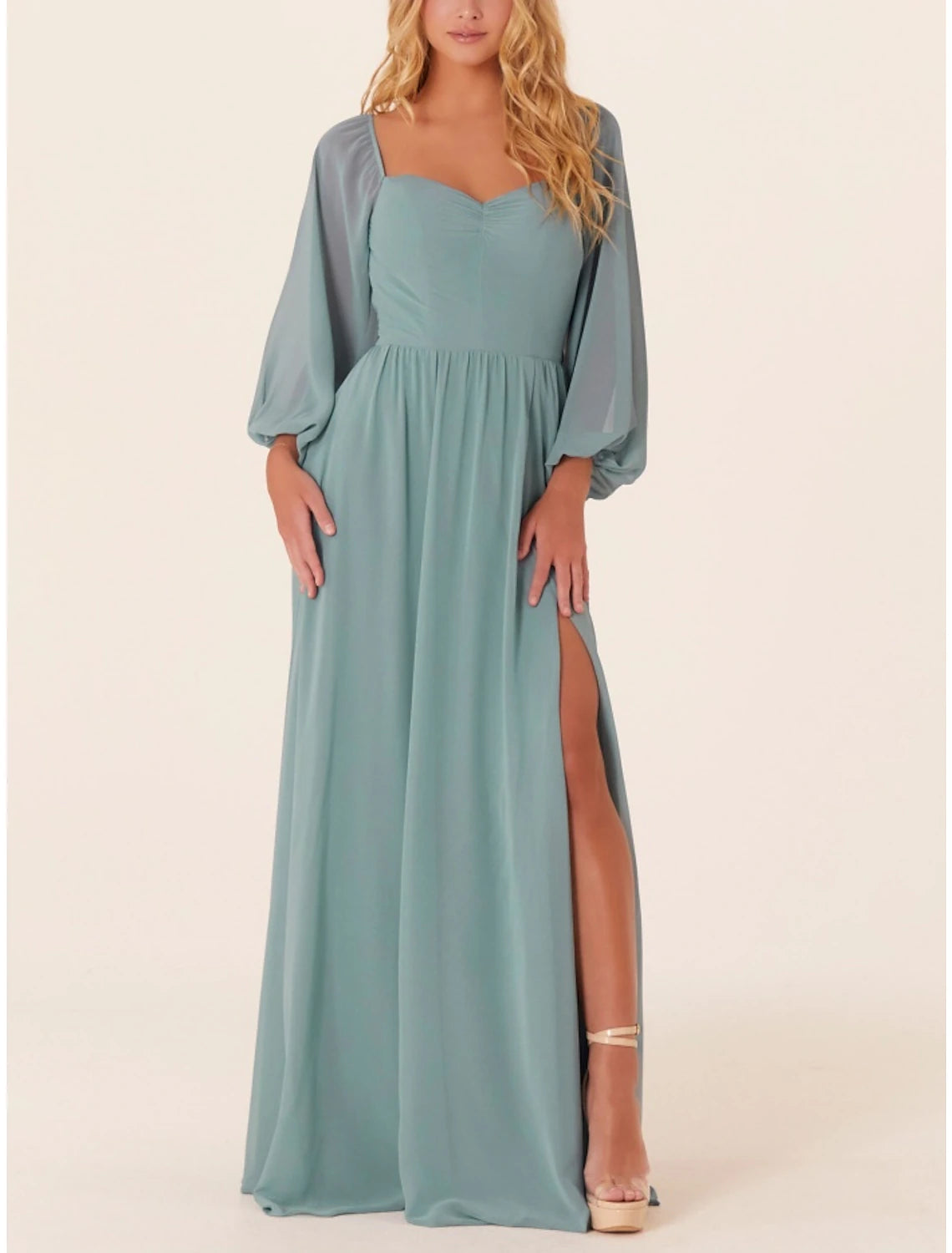 Wholesale A-Line Bridesmaid Dress Square Neck Long Sleeve Elegant Sweep / Brush Train Chiffon with Split Front / Ruching