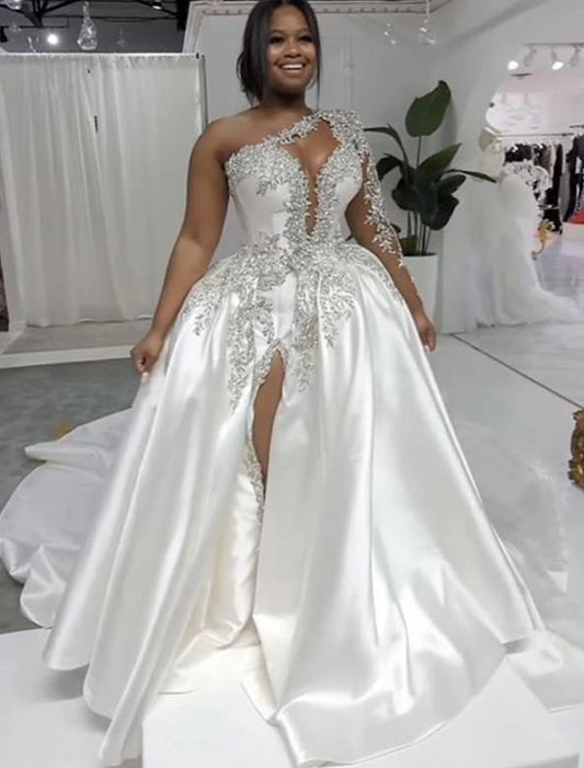 Wholesale Formal Wedding Dresses Ball Gown One Shoulder Regular Straps Court Train Satin Bridal Gowns With Beading Split Front