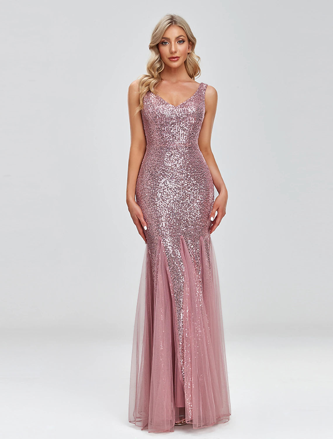 Wholesale Mermaid / Trumpet Evening Gown Sparkle Dress Wedding Guest Formal Evening Floor Length Sleeveless V Neck Tulle V Back with Sequin Splicing