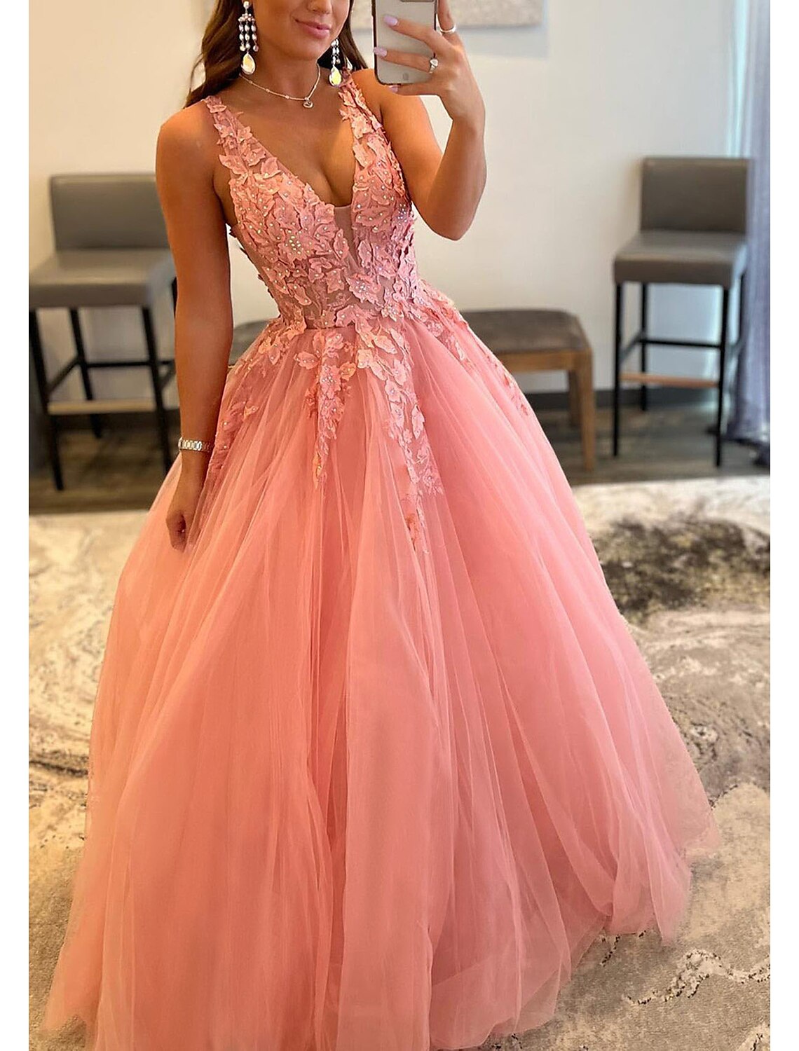 Wholesale A-Line Prom Dresses Open Back Dress Formal Wedding Guest Floor Length Sleeveless V Neck Tulle Backless with Pleats Beading Appliques