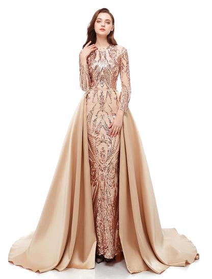 Wholesale Mermaid / Trumpet Evening Gown Luxurious Dress Carnival Wedding Guest Court Train Long Sleeve Jewel Neck Detachable Satin with Sequin Overskirt Pattern / Print