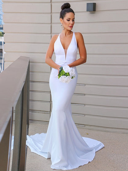 Wholesale Sheath/Column Stretch Crepe V-neck Ruched Sleeveless Sweep/Brush Train Wedding Dresses