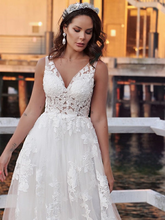 Wholesale A-Line/Princess Tulle Sleeveless Applique V-neck Sweep/Brush Train Wedding Dresses