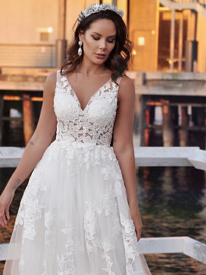 Wholesale A-Line/Princess Tulle Sleeveless Applique V-neck Sweep/Brush Train Wedding Dresses