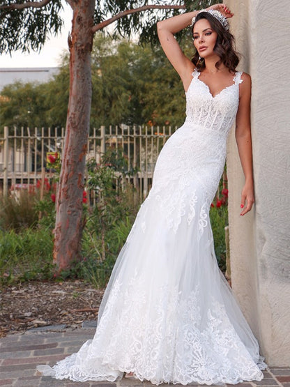 Wholesale Trumpet/Mermaid Tulle V-neck Sleeveless Applique Sweep/Brush Train Wedding Dresses