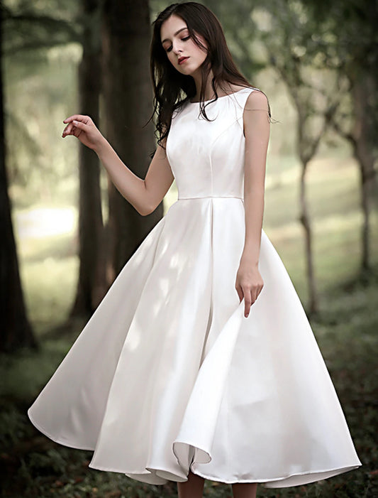 Wholesale  Reception Little White Dresses Wedding Dresses A-Line Scoop Neck Sleeveless Tea Length Satin Bridal Gowns With Solid