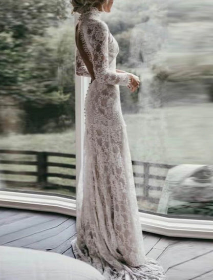 Wholesale Beach Boho Wedding Dresses Sheath / Column High Neck Long Sleeve Court Train Lace Outdoor Bridal Gowns With Appliques