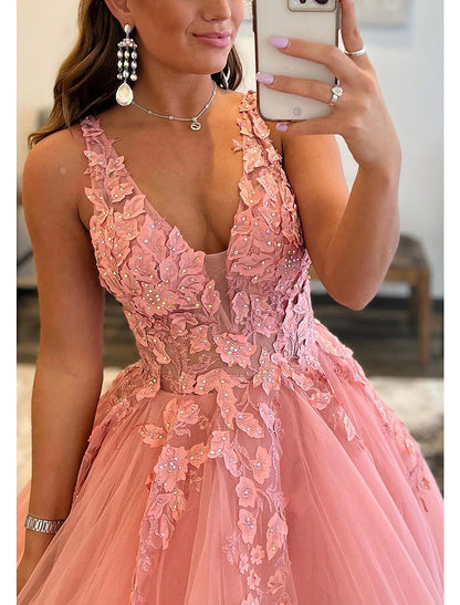 Wholesale A-Line Prom Dresses Open Back Dress Formal Wedding Guest Floor Length Sleeveless V Neck Tulle Backless with Pleats Beading Appliques