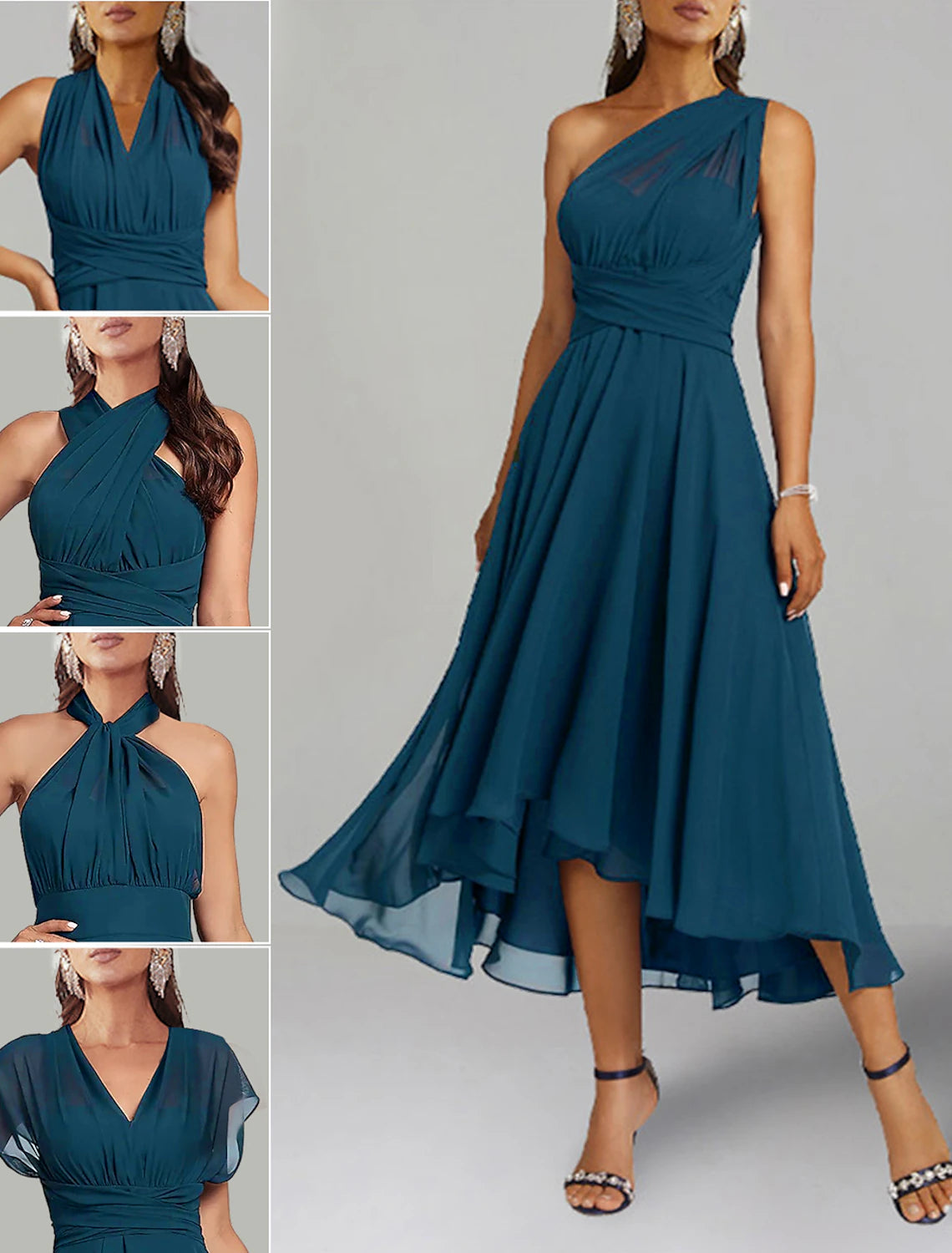 Wholesale A-Line Blue Wedding Guest Dresses Convertible Infinity Mother Dress Formal Tea Length Sleeveless One Shoulder Chiffon with Ruched