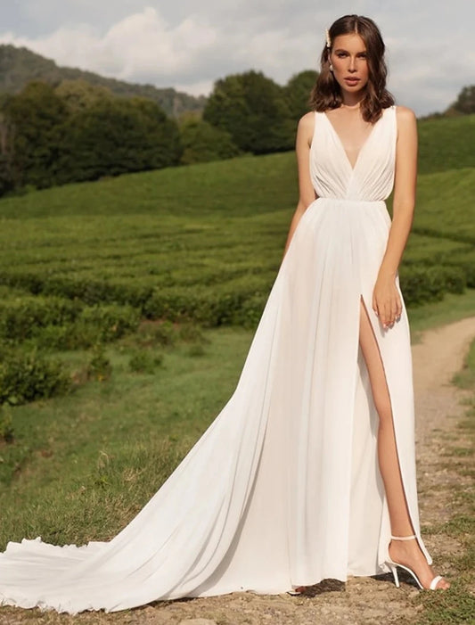 Wholesale Reception Sexy Casual Wedding Dresses A-Line V Neck Sleeveless Court Train Chiffon Bridal Gowns With Split