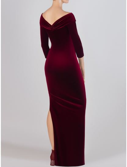 Wholesale Sheath / Column Mother of the Bride Dress Wedding Guest Elegant Off Shoulder Floor Length Velvet 3/4 Length Sleeve with Split Front Ruching