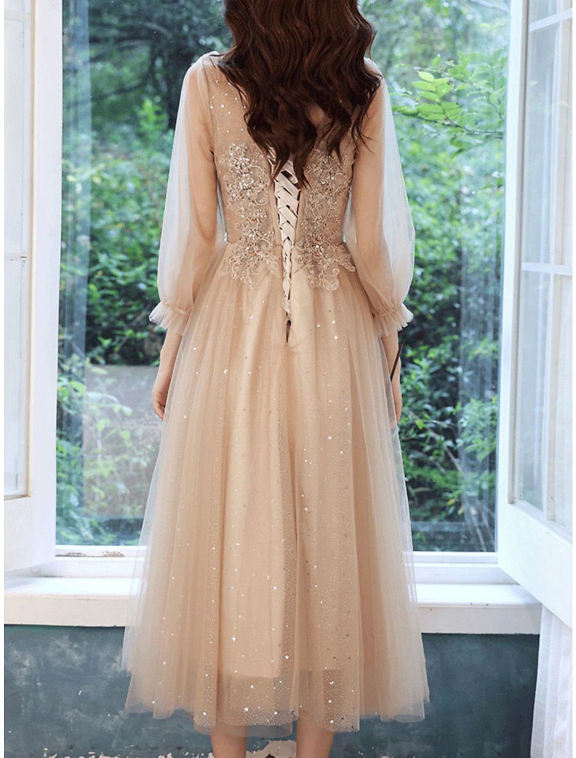 Wholesale A-Line Bridesmaid Dress V Neck Long Sleeve Elegant Tea Length Lace / Tulle with Beading / Appliques