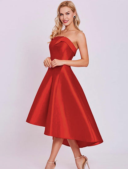 Wholesale A-Line Cocktail Dresses Minimalist Dress Homecoming Wedding Guest Tea Length Sleeveless Strapless Satin with Sleek