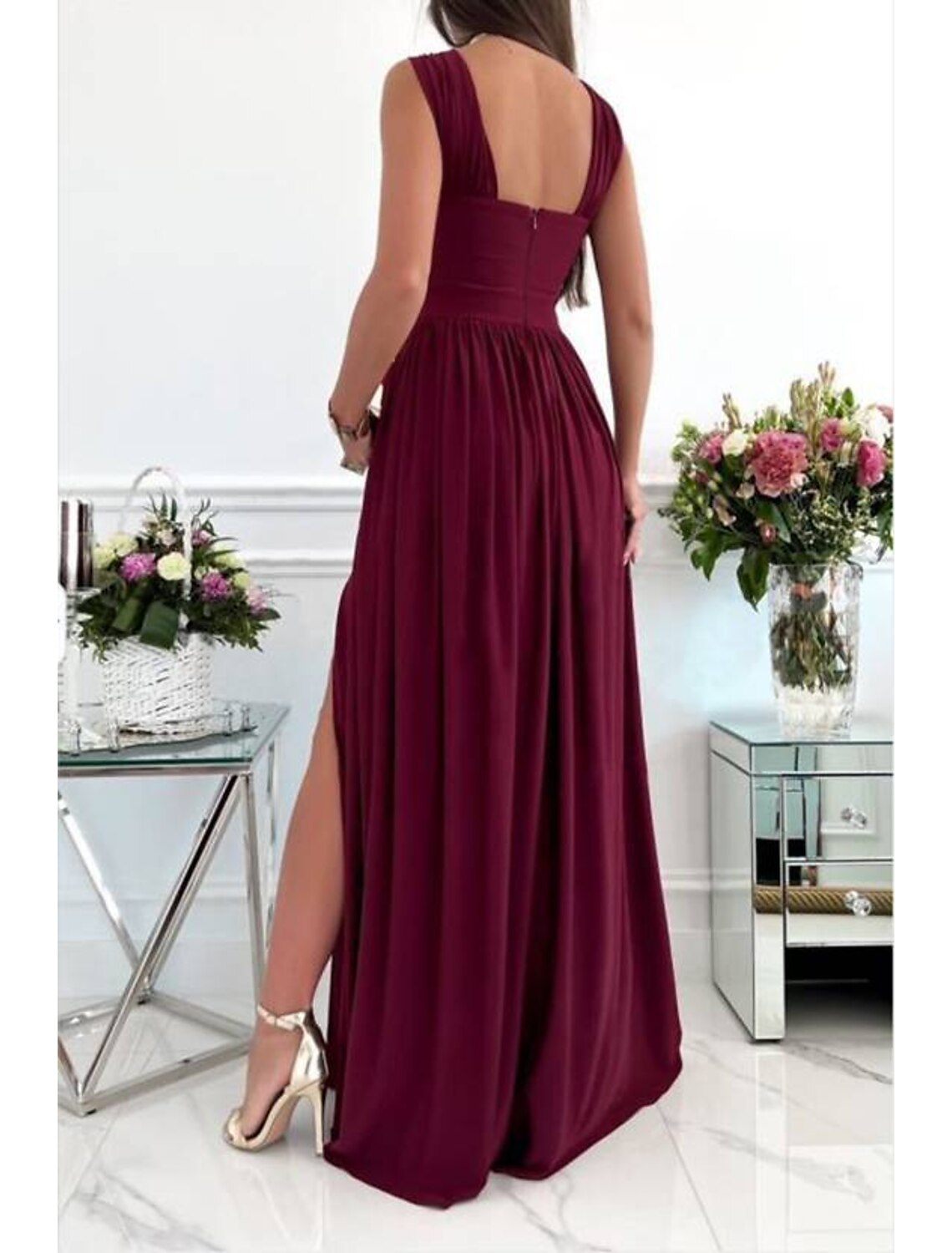 Wholesale A-Line Prom Dresses Sexy Dress Formal Wedding Guest Floor Length Sleeveless Halter Neck Bridesmaid Dress Chiffon with Ruched Slit