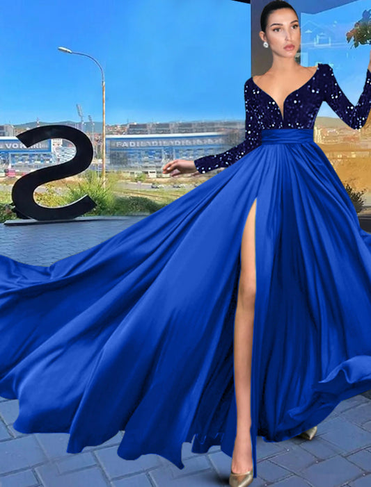 Wholesale A-Line Evening Gown Sparkle & Shine Dress Prom Birthday Court Train Long Sleeve V Neck Chiffon with Sequin