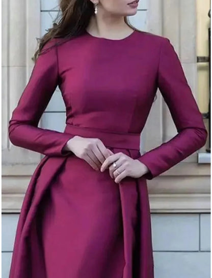 Wholesale A-Line Mother of the Bride Dress Wedding Guest Elegant Jewel Neck Sweep / Brush Train Satin Long Sleeve with Ruching Solid Color