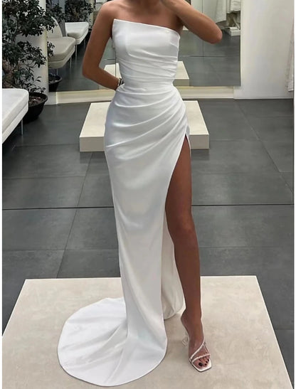 Wholesale A-Line Evening Gown Elegant Dress Formal Court Train Sleeveless Strapless Satin with Ruched Slit