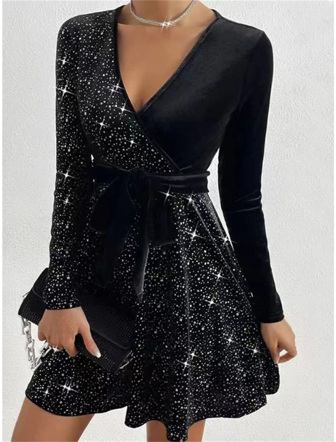 Wholesale Women‘s Black Dress Velvet Dress Sequin Dress A-Line Mini Dress Black Red Royal Blue Long Sleeve Plain Christmas Fall Winter Autumn V Neck Fashion Winter Dress Fall Dress Slim Black Cocktail Dress