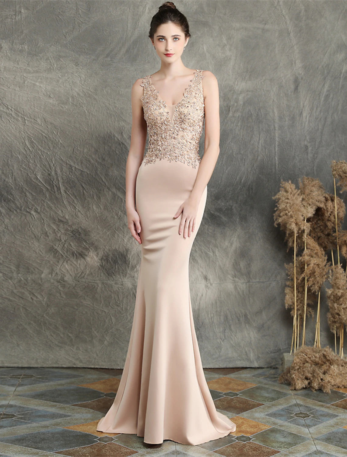 Wholesale Mermaid / Trumpet Evening Gown Open Back Dress Formal Wedding Guest Sweep / Brush Train Sleeveless V Neck Cotton Blend with Beading Appliques