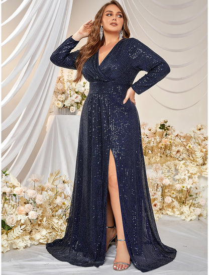 Wholesale A-Line Evening Gown Plus Size Dress Formal Wedding Sweep / Brush Train Long Sleeve V Neck Polyester with Sequin