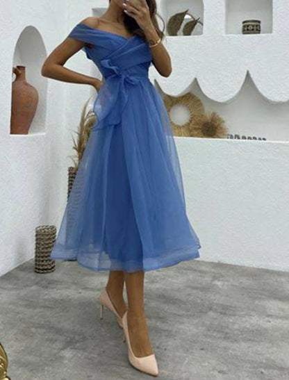 Wholesale A-Line Cocktail Dresses 1950s Dress Wedding Guest Birthday Tea Length Sleeveless Off Shoulder Belt / Sash Organza with Ruched