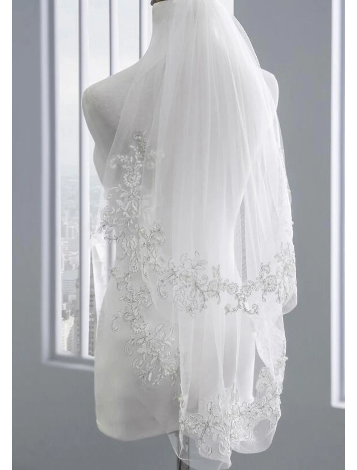 Wholesale Two-tier Stylish / Pearls Wedding Veil Elbow Veils with Faux Pearl / Embroidery POLY / Drop Veil