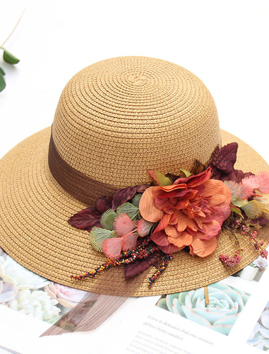 Wholesale Hats Headwear Straw Hats Straw Bucket Hat Straw Hat Sun Hat Casual Holiday Beach Kentucky Derby Melbourne Cup Vintage Style Elegant With Appliques Flower Headpiece Headwear