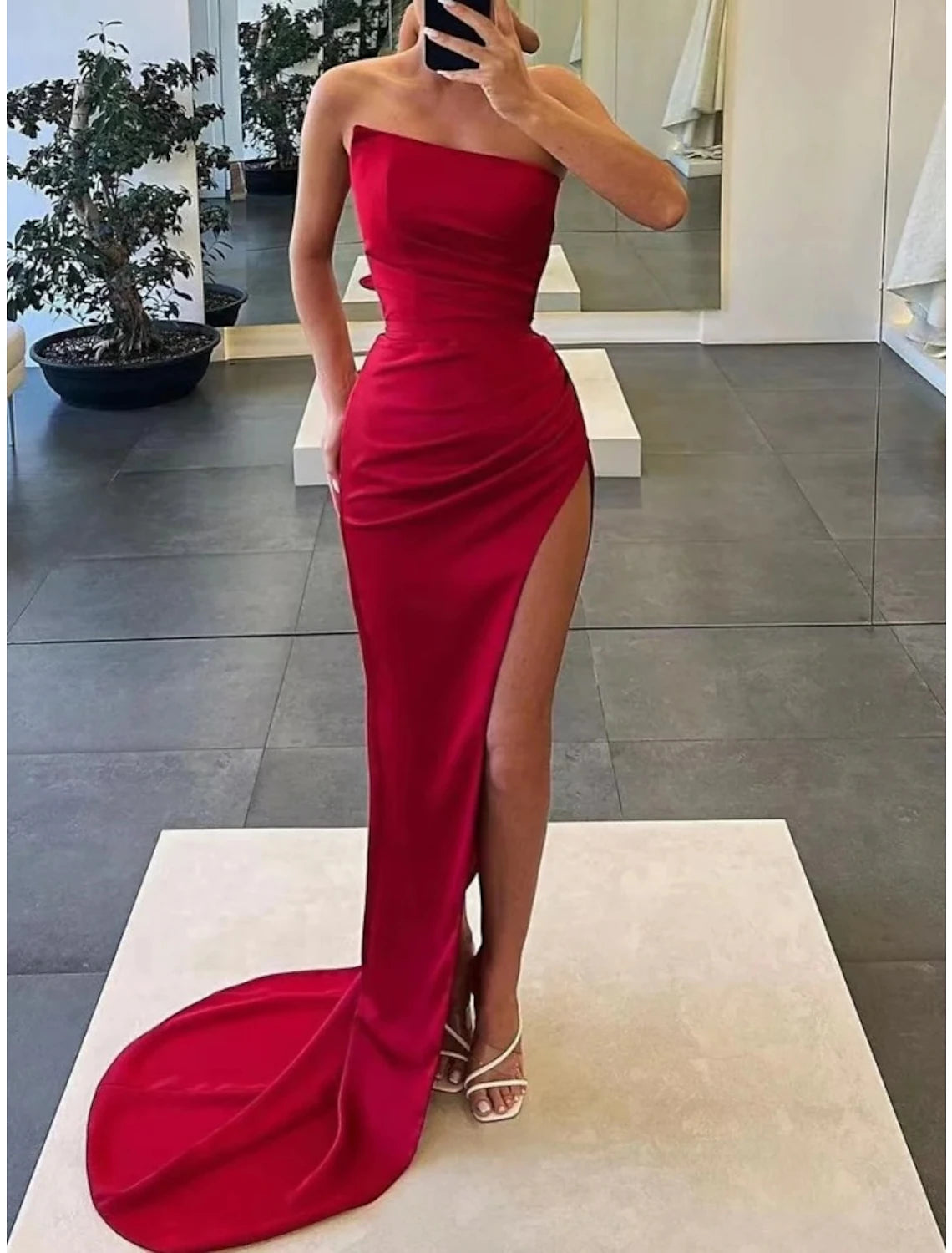 Wholesale A-Line Evening Gown Elegant Dress Formal Court Train Sleeveless Strapless Satin with Ruched Slit