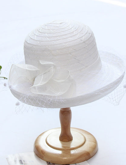 Wholesale Hats Headwear Polyester Tulle Bucket Hat Straw Hat Sun Hat Casual Holiday Elegant With Bowknot Pure Color Headpiece Headwear