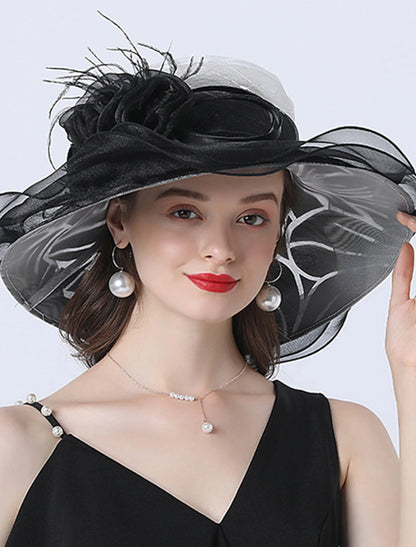 Wholesale Fascinators Kentucky Derby Hat Headwear Polyester Organza Sun Hat Top Hat Veil Hat Holiday Beach Elegant Vintage With Feather Lace Side Headpiece Headwear