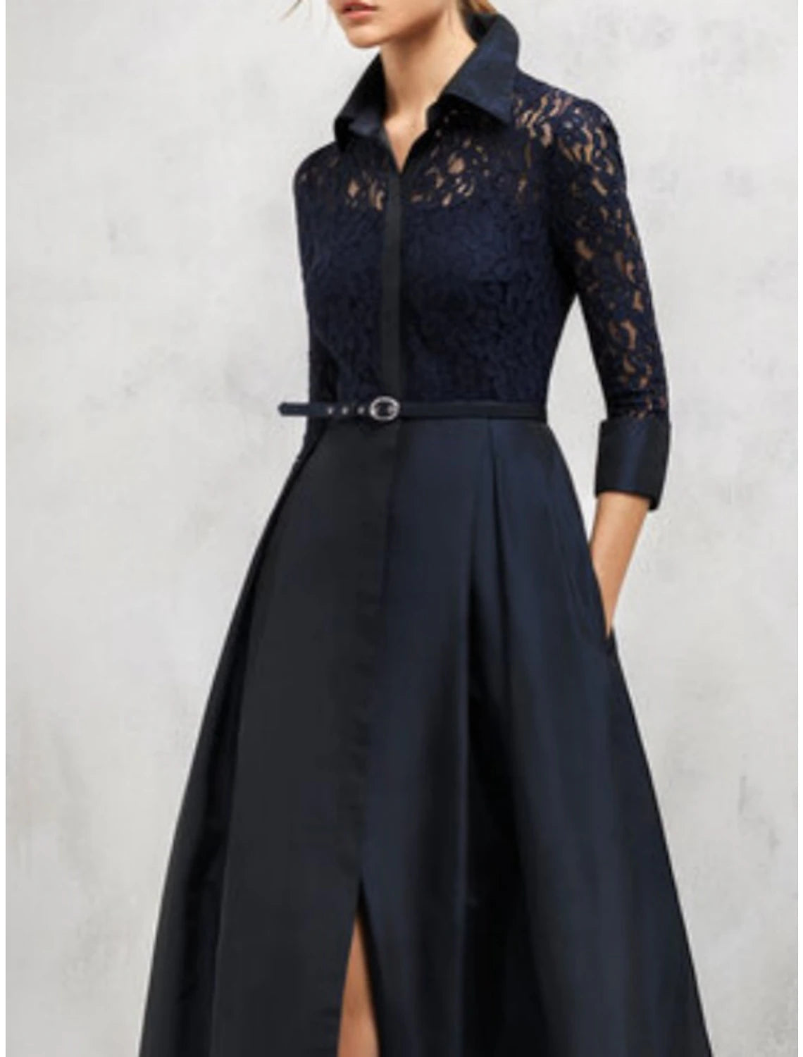 Wholesale A-Line Mother of the Bride Dress Wedding Guest Vintage Elegant Shirt Collar Floor Length Satin Lace 3/4 Length Sleeve with Sash / Ribbon Split Front Fall