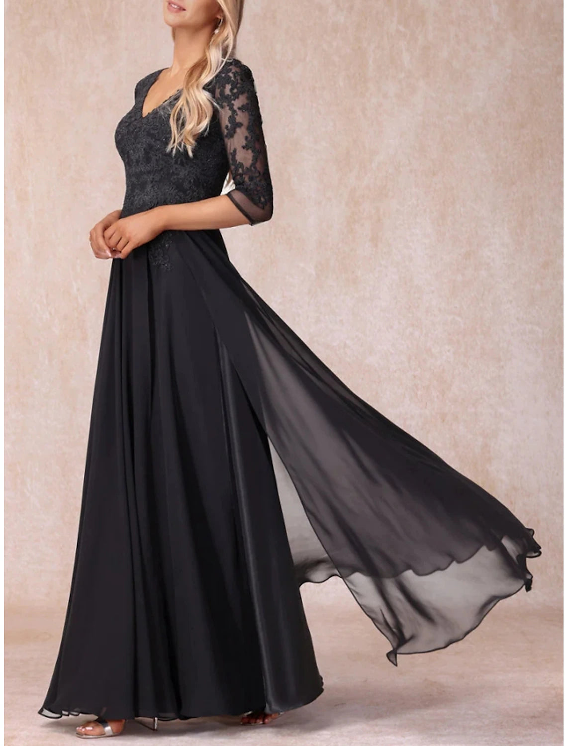 Wholesale A-Line Mother of the Bride Dress Wedding Guest Elegant V Neck Floor Length Chiffon Lace 3/4 Length Sleeve with Ruching Solid Color