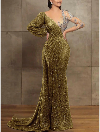 Wholesale Sequin Mermaid / Trumpet Evening Gown Champagne Gold Elegant Dress Formal Christmas Red Green Dress Court Train Long Sleeve Illusion Neck Sequined with Pleats