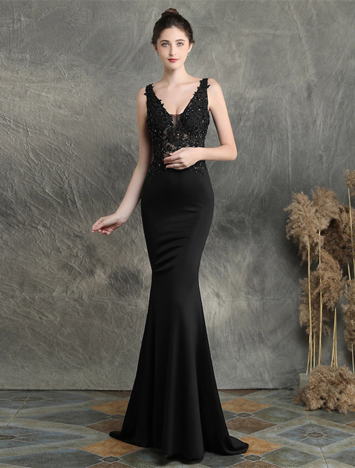 Wholesale Mermaid / Trumpet Evening Gown Open Back Dress Formal Wedding Guest Sweep / Brush Train Sleeveless V Neck Cotton Blend with Beading Appliques