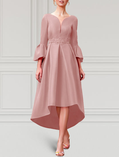 Wholesale A-Line Cocktail Dresses Elegant Dress Formal Wedding Guest Asymmetrical 3/4 Length Sleeve V Neck Satin with Pleats