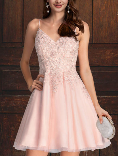 Wholesale A-Line Cocktail Dresses Empire Dress Homecoming Graduation Short / Mini Sleeveless V Neck Pink Dress Tulle with Tiered