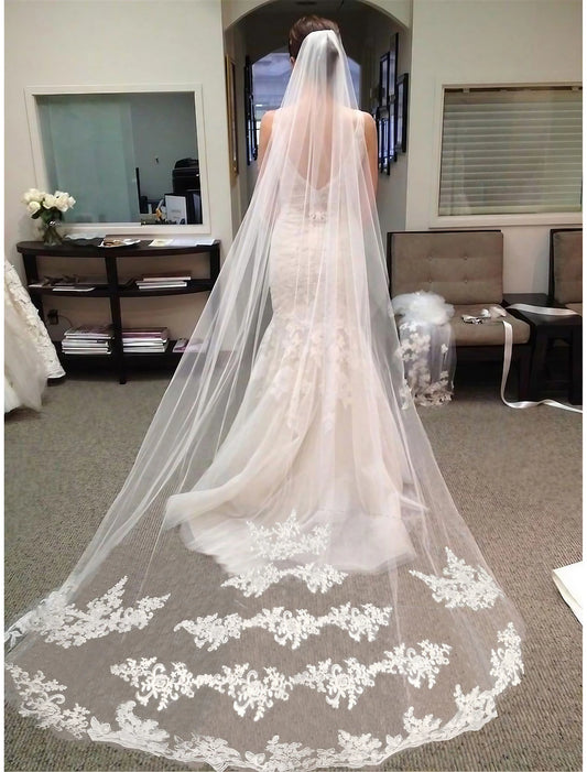 Wholesale One-tier Lace Wedding Veil Chapel Veils with Trim POLY / 100% Polyester / Drop Veil