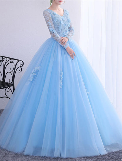 Wholesale Ball Gown Quinceanera Dresses Princess Dress Performance Quinceanera Floor Length Long Sleeve V Neck Polyester with Crystals Appliques