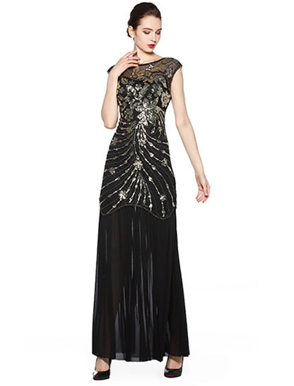 Wholesale A-Line Evening Gown Vintage Dress Holiday Party Wear Floor Length Sleeveless Jewel Neck Spandex V Back with Sequin Embroidery