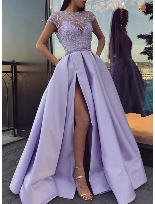 Wholesale A-Line Evening Gown Sparkle & Shine Dress Formal Wedding Court Train Short Sleeve Jewel Neck Belt / Sash Satin with Slit Appliques