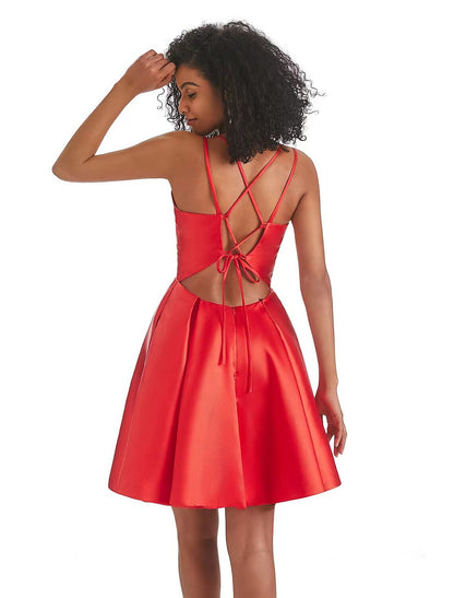 Wholesale A-Line Homecoming Dresses Backless Dress Holiday Birthday Short / Mini Sleeveless V Neck Satin with Pleats