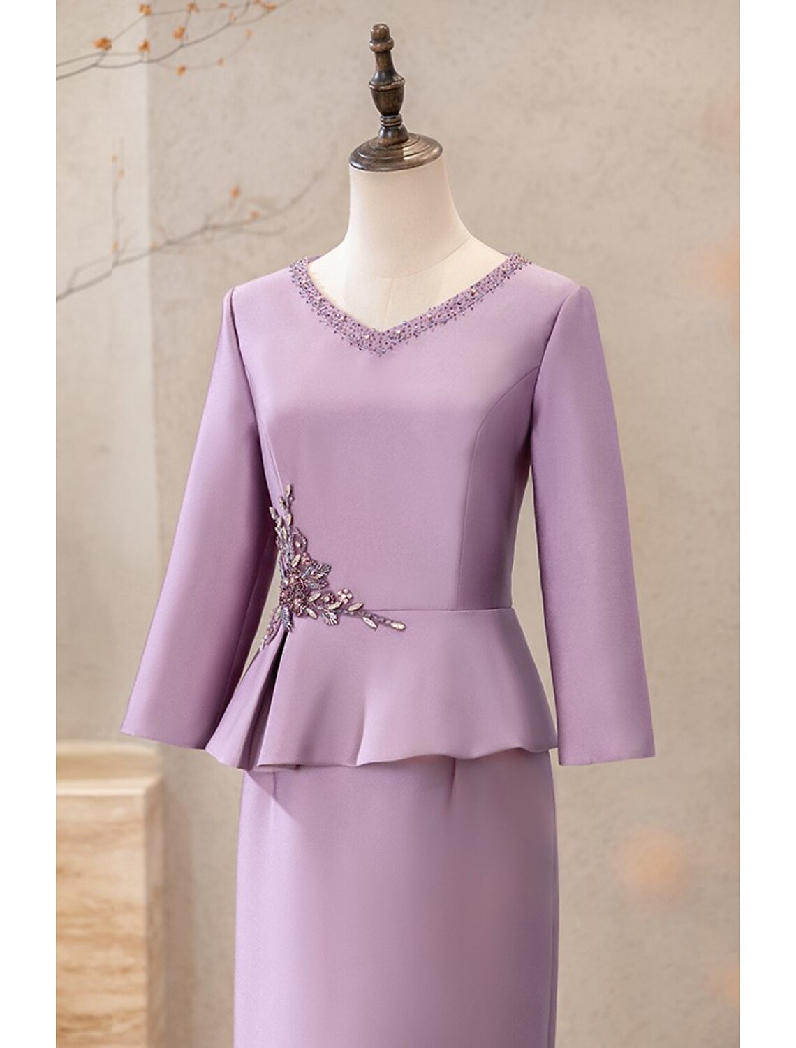 Wholesale Two Piece Cocktail Dresses Elegant Dress Wedding Party Tea Length Long Sleeve V Neck Satin with Appliques