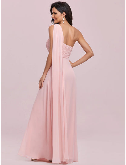 Wholesale A-Line Evening Gown Empire Dress Formal Evening Floor Length Sleeveless One Shoulder Bridesmaid Dress Chiffon Backless with Pleats Draping