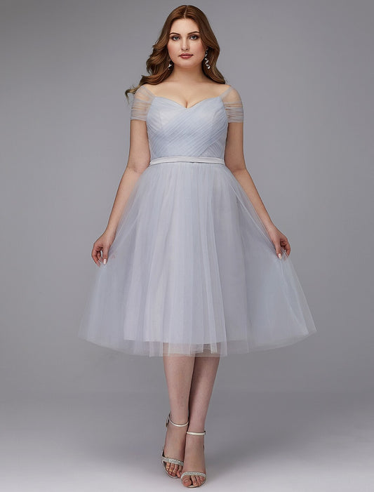 Wholesale A-Line Elegant Dress Wedding Guest Cocktail Party Tea Length Short Sleeve Off Shoulder Tulle with Sash / Ribbon