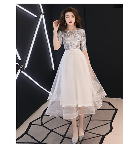 Wholesale A-Line Sparkle White Cocktail Party Prom Dress Jewel Neck Half Sleeve Tea Length Satin with Sequin