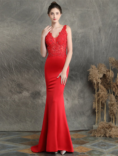 Wholesale Mermaid / Trumpet Evening Gown Open Back Dress Formal Wedding Guest Sweep / Brush Train Sleeveless V Neck Cotton Blend with Beading Appliques