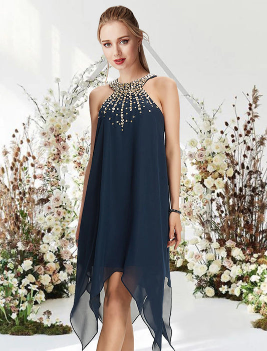 Wholesale A-Line Cocktail Dresses Flirty Dress Wedding Guest Asymmetrical Sleeveless Halter Chiffon with Crystals Beading