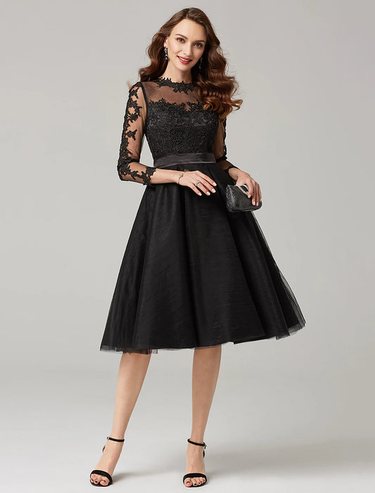 Wholesale A-Line Elegant Dress Wedding Guest Knee Length 3/4 Length Sleeve Illusion Neck Tulle Over Lace with Appliques