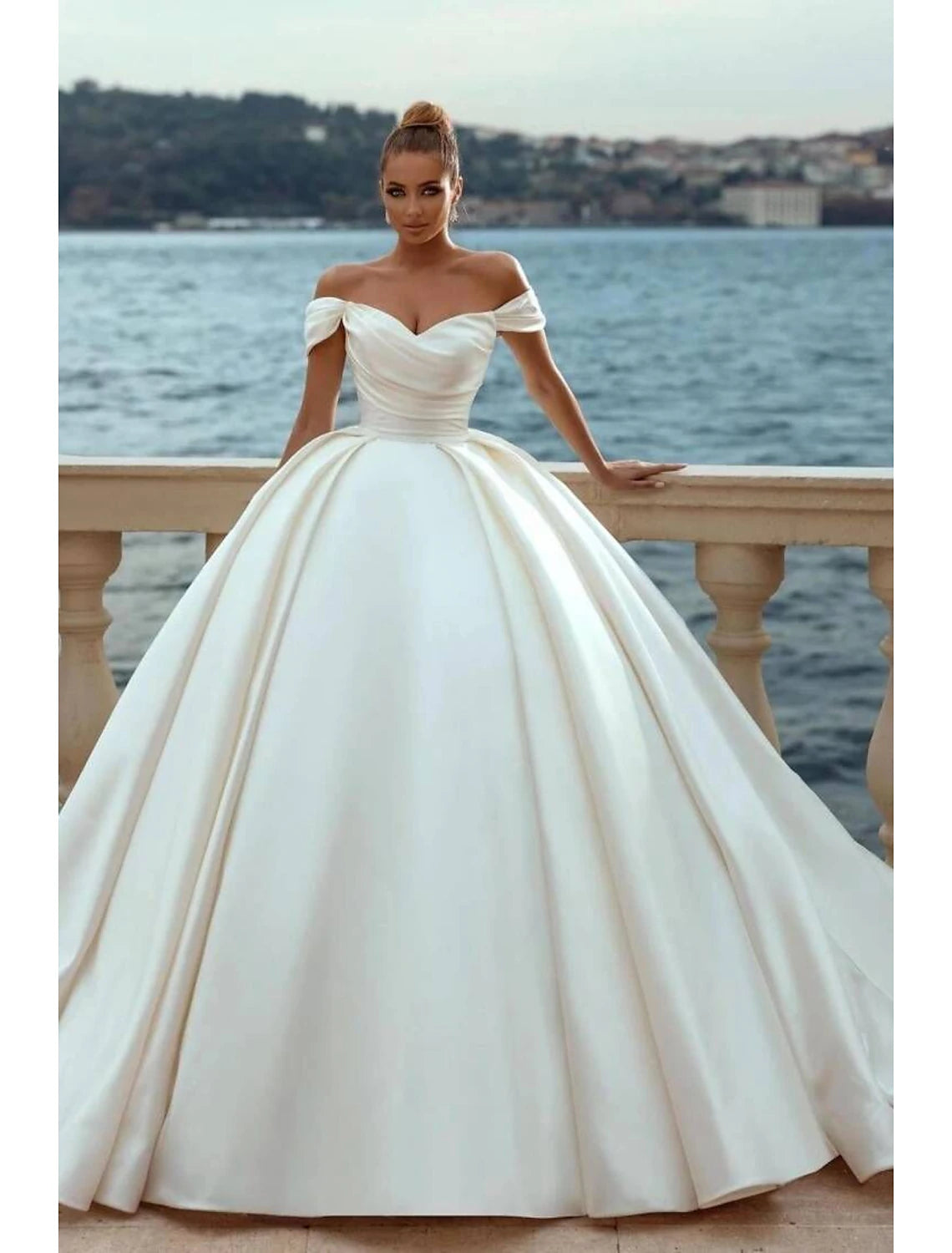 Wholesale Engagement Formal Wedding Dresses Ball Gown Off Shoulder Cap Sleeve Court Train Satin Church Bridal Gowns With Ruched